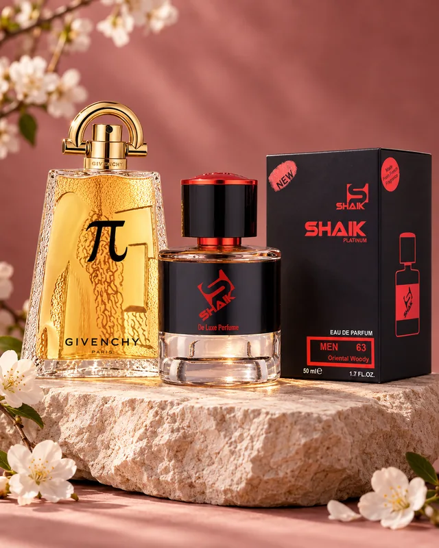 Shaik M 63 bottle and box beside Givenchy Pi, the fragrance that inspired it