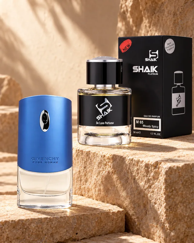 Shaik M 65 bottle and box beside Givenchy Pour Homme Blue Label, the fragrance that inspired it