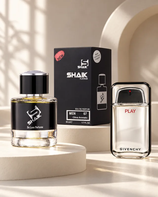 Shaik M 67 bottle and box beside Givenchy Play, the fragrance that inspired it