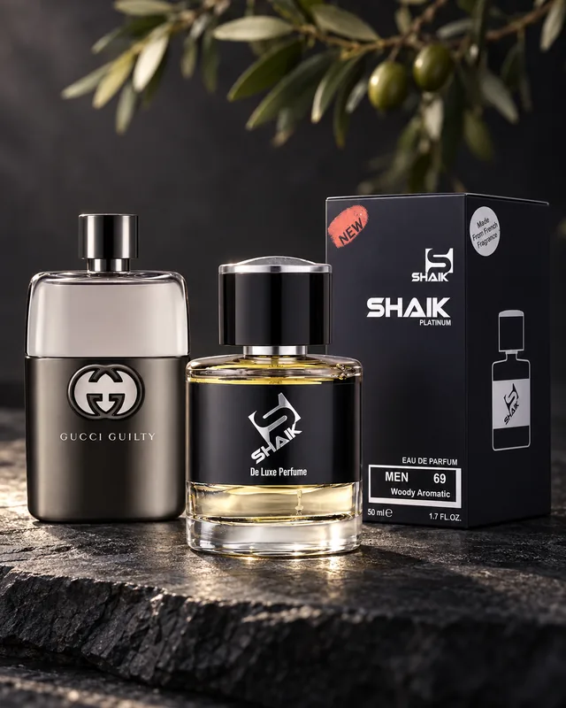 Shaik M 69 bottle and box beside Gucci Guilty, the fragrance that inspired it