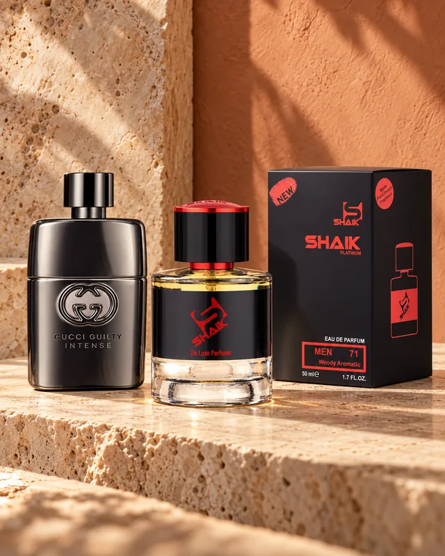 Shaik M 71 bottle and box beside Gucci Guilty Intense Pour Homme, the fragrance that inspired it