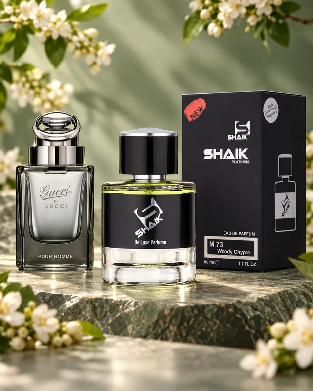 Shaik M 73 bottle and box beside Gucci by Gucci Pour Homme, the fragrance that inspired it