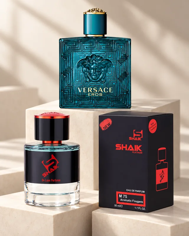 Shaik M 75 bottle and box beside Versace Eros, the fragrance that inspired it