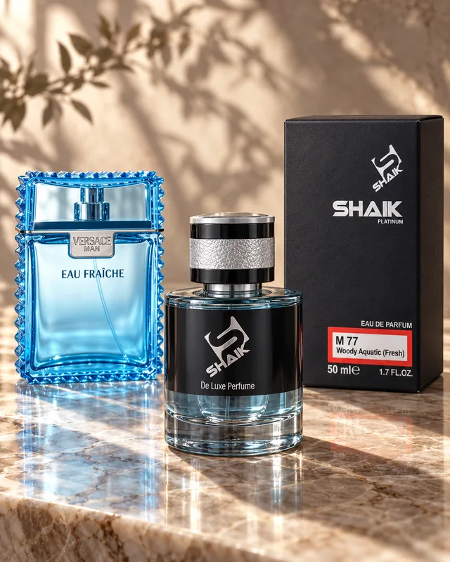 Shaik M 77 bottle and box beside Versace Man Eau Fraîche, the fragrance that inspired it
