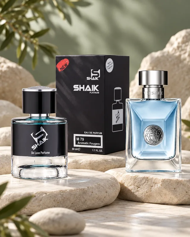 Shaik M 79 bottle and box beside Versace Pour Homme, the fragrance that inspired it