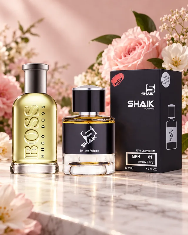 Shaik M 81 bottle and box beside Boss Classic, the fragrance that inspired it
