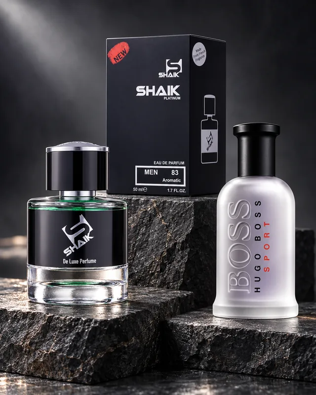 Shaik M 83 bottle and box beside Boss Bottled Sport, the fragrance that inspired it