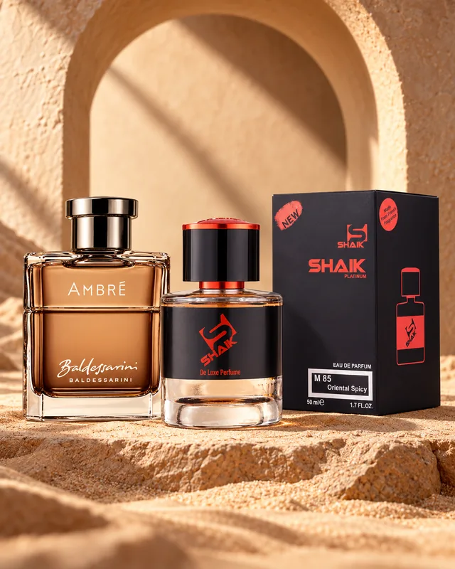 Shaik M 85 bottle and box beside Baldessarini Ambré, the fragrance that inspired it