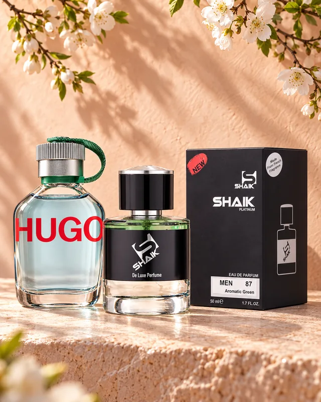 Shaik M 87 bottle and box beside Hugo Boss for Men, the fragrance that inspired it