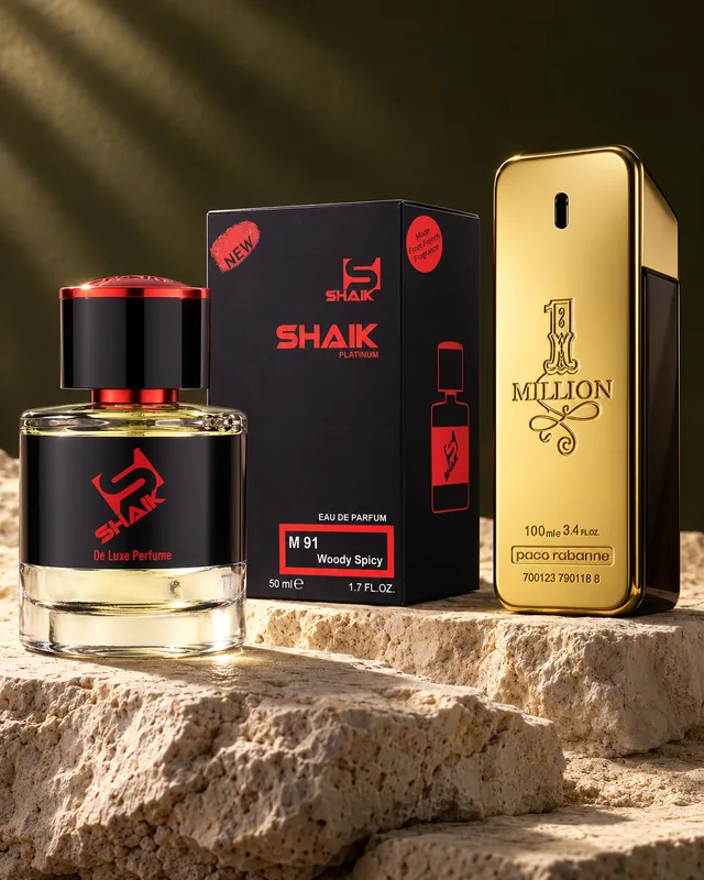 Shaik M 91 bottle and box beside Paco Rabanne 1 Million, the fragrance that inspired it