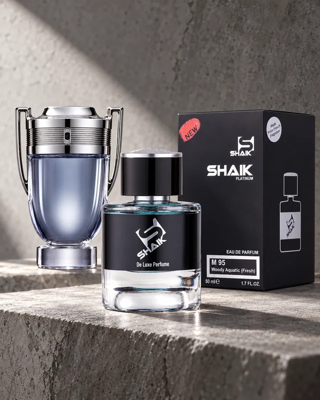 Shaik M 95 bottle and box beside Paco Rabanne Invictus, the fragrance that inspired it