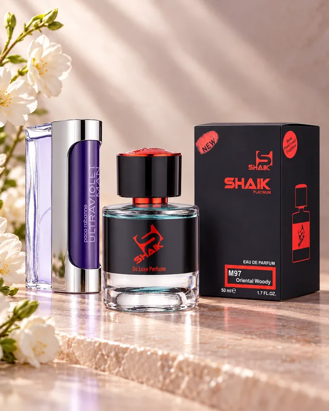 Shaik M 97 bottle and box beside Paco Rabanne Ultraviolet, the fragrance that inspired it