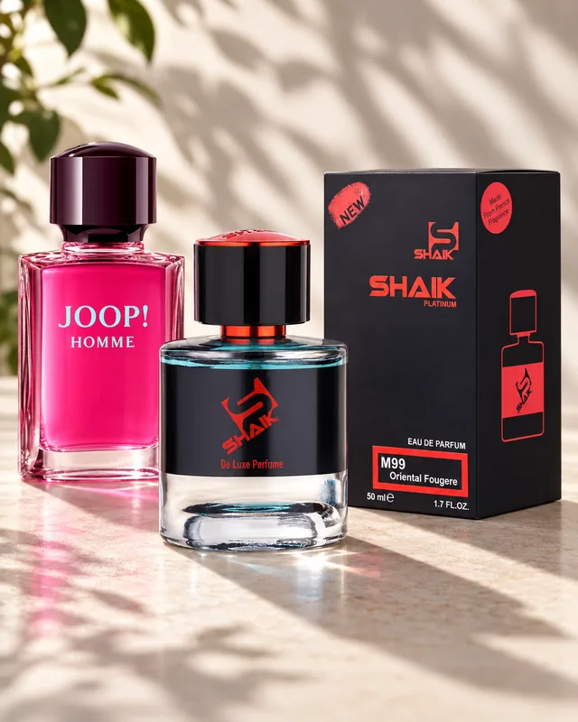 Shaik M 99 bottle and box beside Joop! Homme, the fragrance that inspired it
