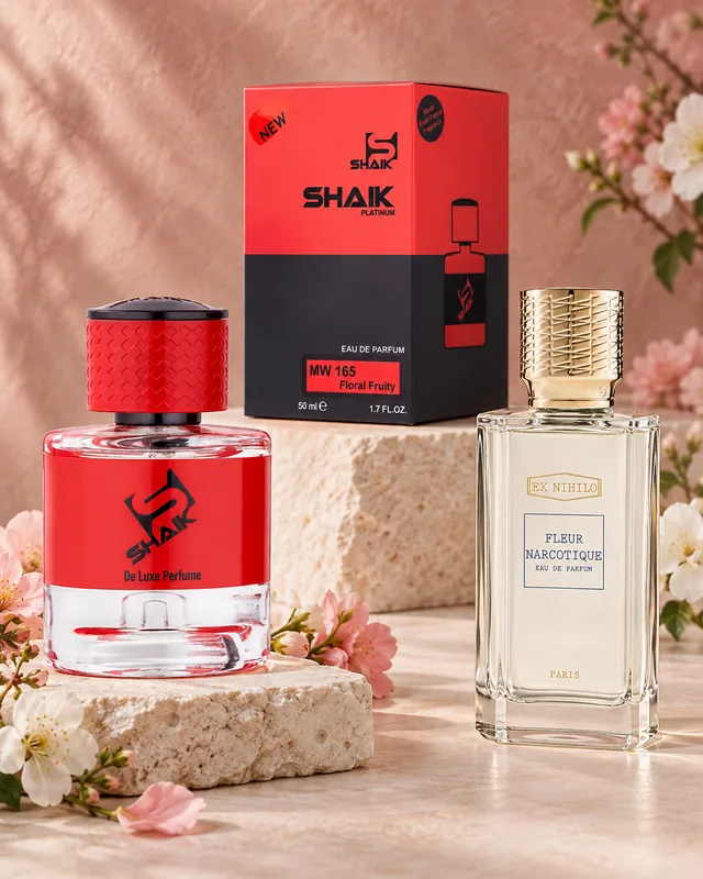 Shaik MW 165 bottle and box beside Ex Nihilo Fleur Narcotique, the fragrance that inspired it