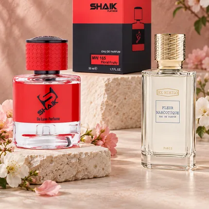 Shaik MW 165 bottle and box beside Ex Nihilo Fleur Narcotique, the fragrance that inspired it