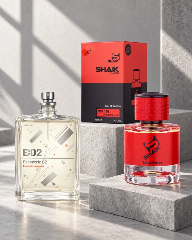 Shaik MW 166 bottle and box beside Escentric Molecules Escentric 02, the fragrance that inspired it