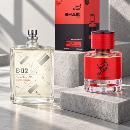 Shaik MW 166 bottle and box beside Escentric Molecules Escentric 02, the fragrance that inspired it