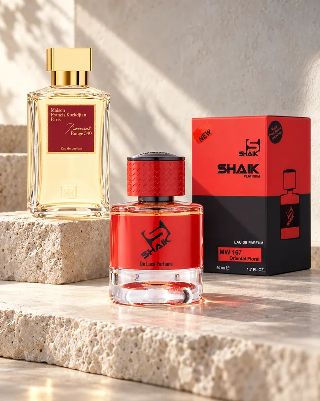 Shaik MW 167 bottle and box beside Maison Francis Kurkdjian Baccarat Rouge 540, the fragrance that inspired it