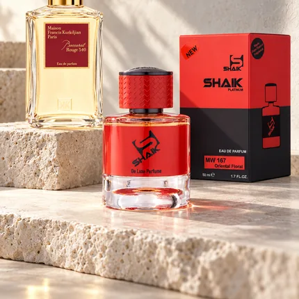Shaik MW 167 bottle and box beside Maison Francis Kurkdjian Baccarat Rouge 540, the fragrance that inspired it