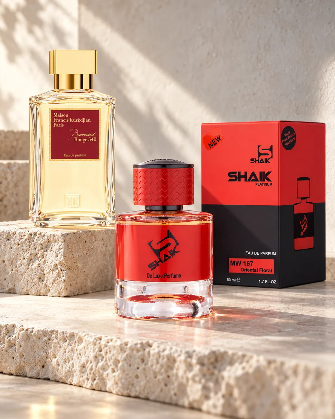 Shaik MW 167 bottle and box beside Maison Francis Kurkdjian Baccarat Rouge 540, the fragrance that inspired it