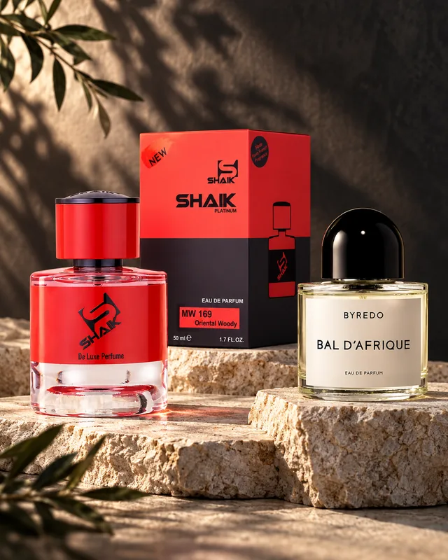 Shaik MW 169 bottle and box beside Byredo Bal d'Afrique, the fragrance that inspired it