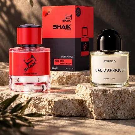 Shaik MW 169 bottle and box beside Byredo Bal d'Afrique, the fragrance that inspired it