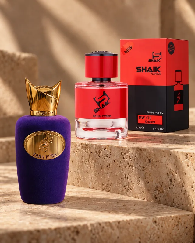 Shaik MW 173 bottle and box beside Sospiro Erba Pura, the fragrance that inspired it