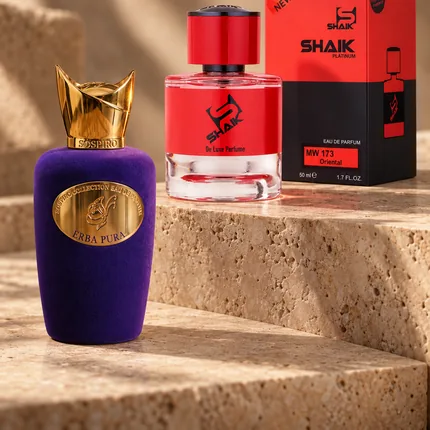 Shaik MW 173 bottle and box beside Sospiro Erba Pura, the fragrance that inspired it