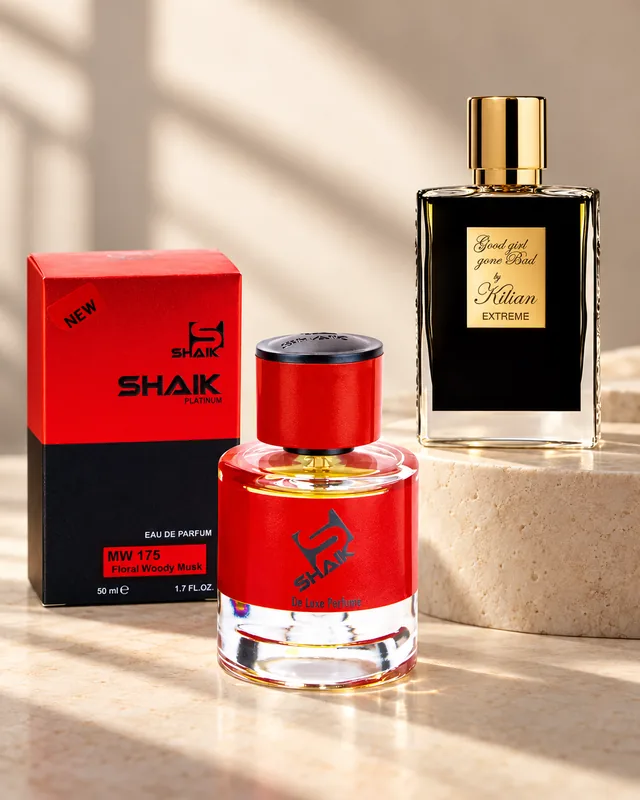 Shaik MW 175 bottle and box beside Kilian Good Girl Gone Bad Extreme, the fragrance that inspired it