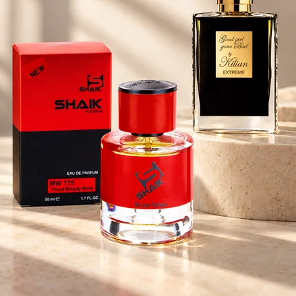 Shaik MW 175 bottle and box beside Kilian Good Girl Gone Bad Extreme, the fragrance that inspired it