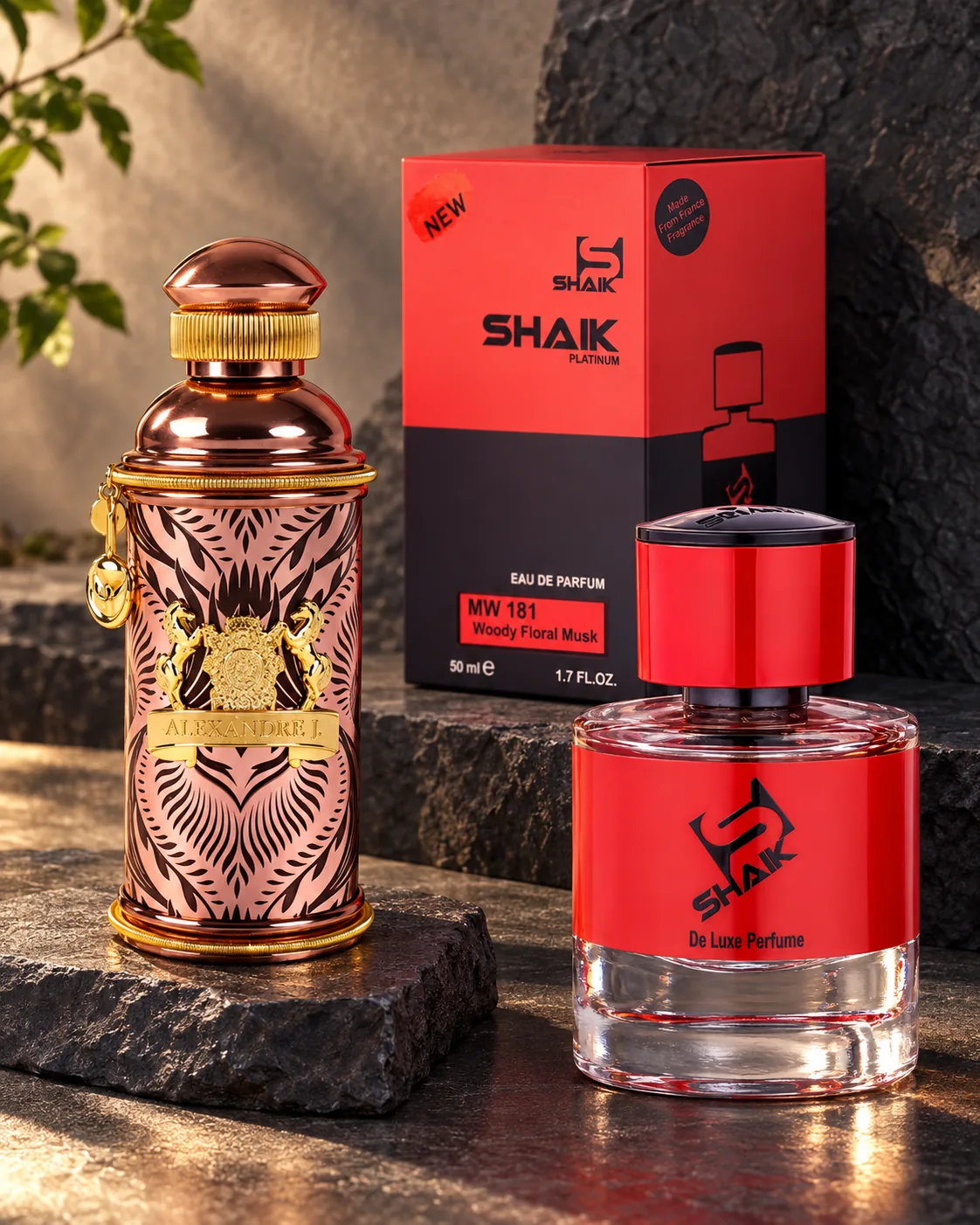 Shaik MW 181 bottle and box beside Alexandre.J Morning Muscs, the fragrance that inspired it