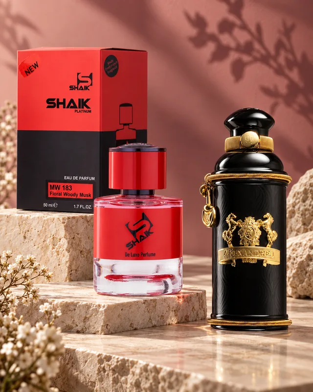 Shaik MW 183 bottle and box beside Alexandre.J Black Muscs, the fragrance that inspired it