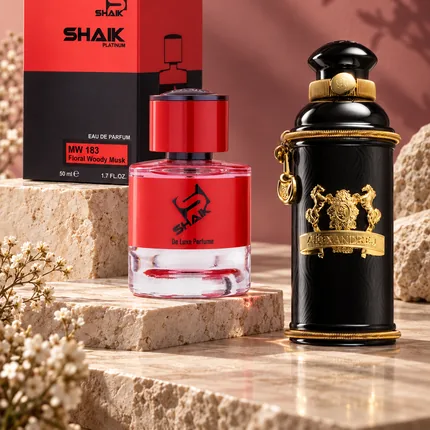 Shaik MW 183 bottle and box beside Alexandre.J Black Muscs, the fragrance that inspired it