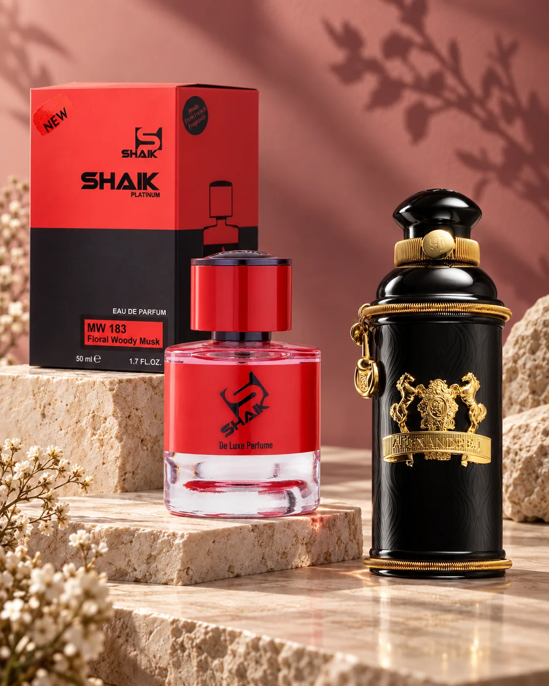Shaik MW 183 bottle and box beside Alexandre.J Black Muscs, the fragrance that inspired it