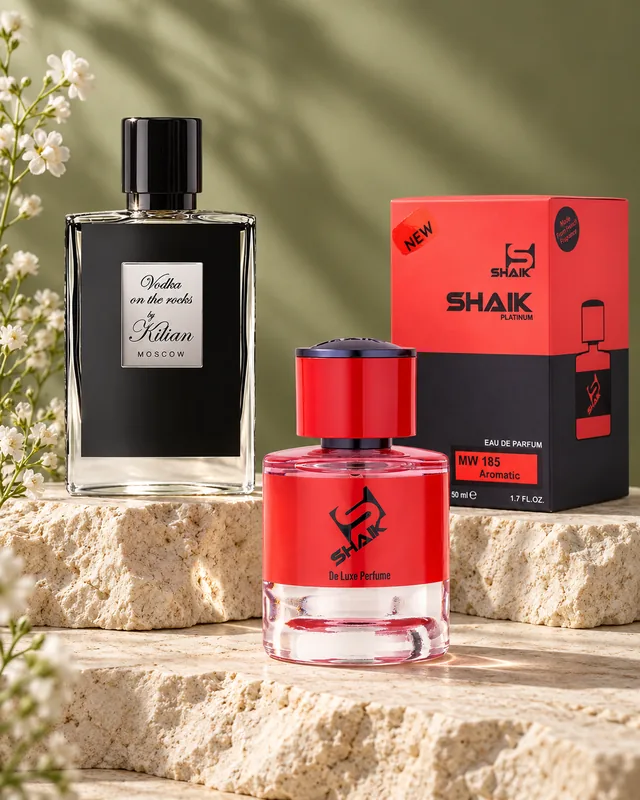 Shaik MW 185 bottle and box beside Kilian Vodka on the Rocks, the fragrance that inspired it