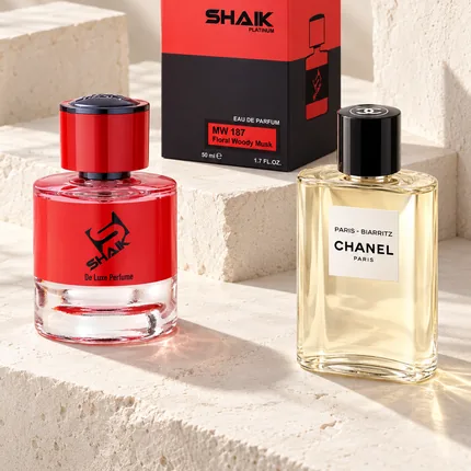 Shaik MW 187 bottle and box beside Chanel Paris-Biarritz, the fragrance that inspired it