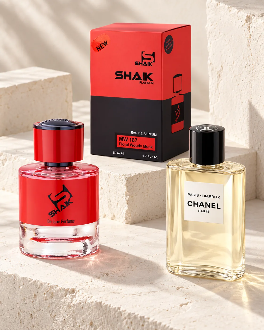 Shaik MW 187 bottle and box beside Chanel Paris-Biarritz, the fragrance that inspired it