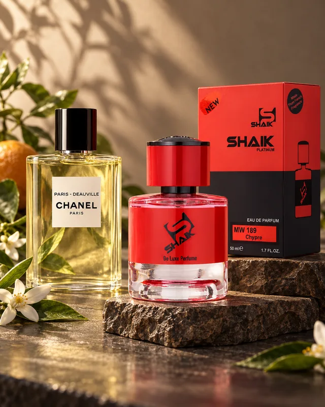Shaik MW 189 bottle and box beside Chanel Paris-Deauville, the fragrance that inspired it