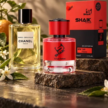 Shaik MW 189 bottle and box beside Chanel Paris-Deauville, the fragrance that inspired it