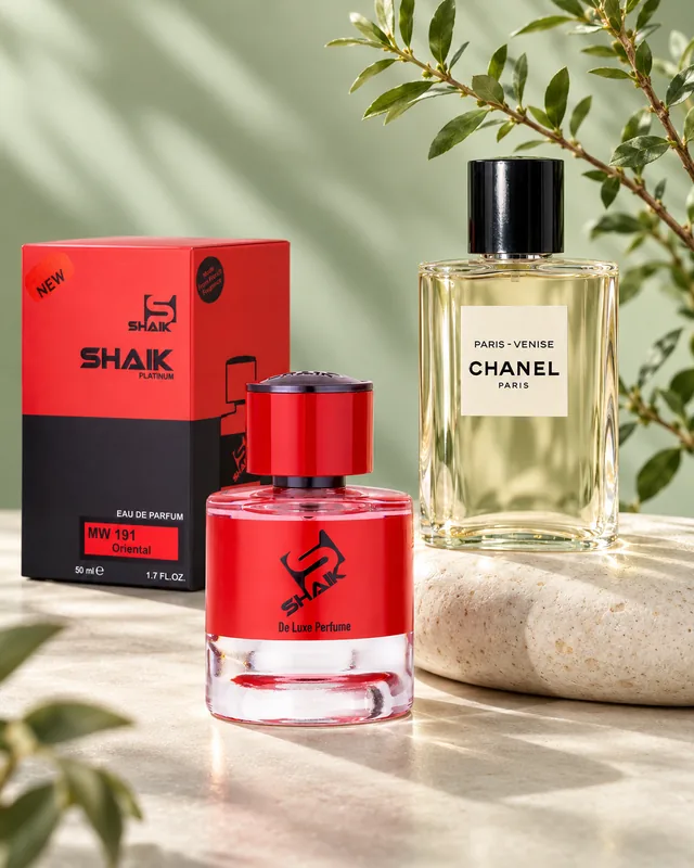 Shaik MW 191 bottle and box beside Chanel Paris-Venise, the fragrance that inspired it