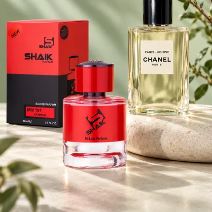 Shaik MW 191 bottle and box beside Chanel Paris-Venise, the fragrance that inspired it