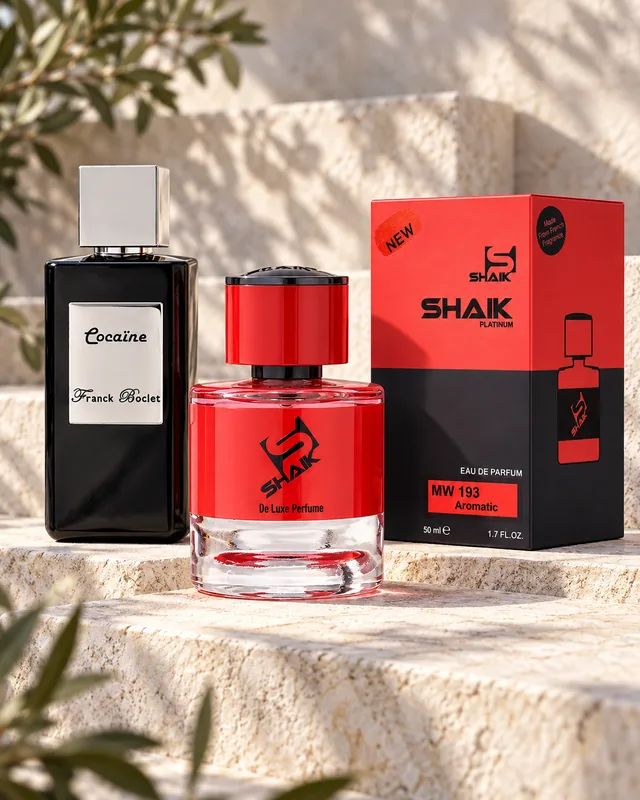 Shaik MW 193 bottle and box beside Franck Boclet Cocaine, the fragrance that inspired it