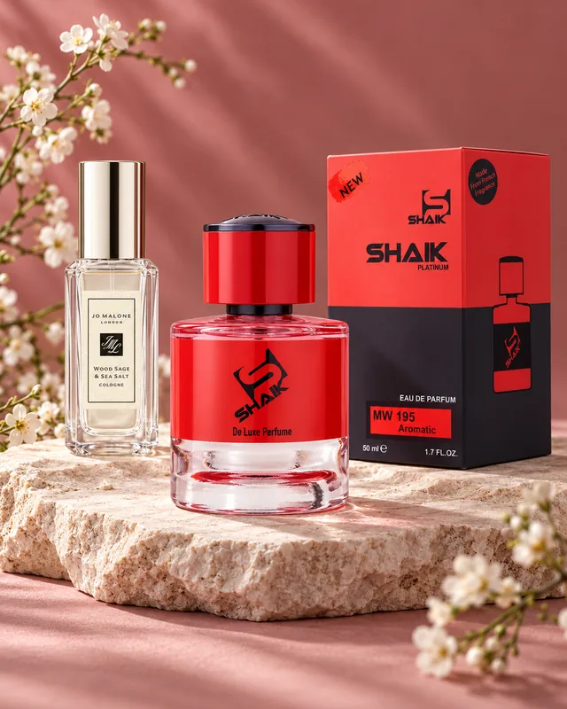 Shaik MW 195 bottle and box beside Jo Malone Wood Sage & Sea Salt, the fragrance that inspired it