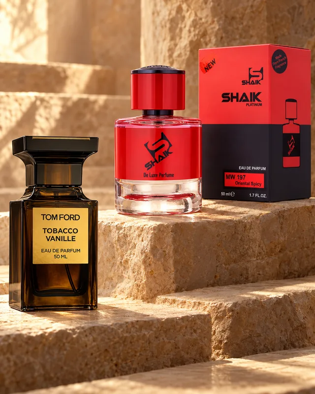 Shaik MW 197 bottle and box beside Tom Ford Tobacco Vanille, the fragrance that inspired it