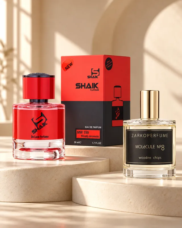 Shaik MW 199 bottle and box beside Zarkoperfume Molecule No. 8, the fragrance that inspired it