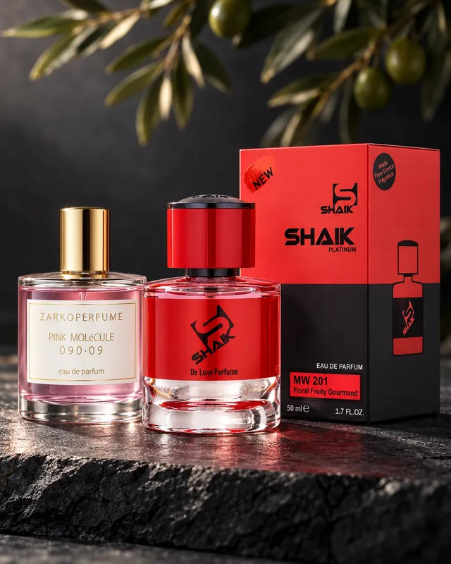 Shaik MW 201 bottle and box beside Zarkoperfume Pink Molecule 090.09, the fragrance that inspired it
