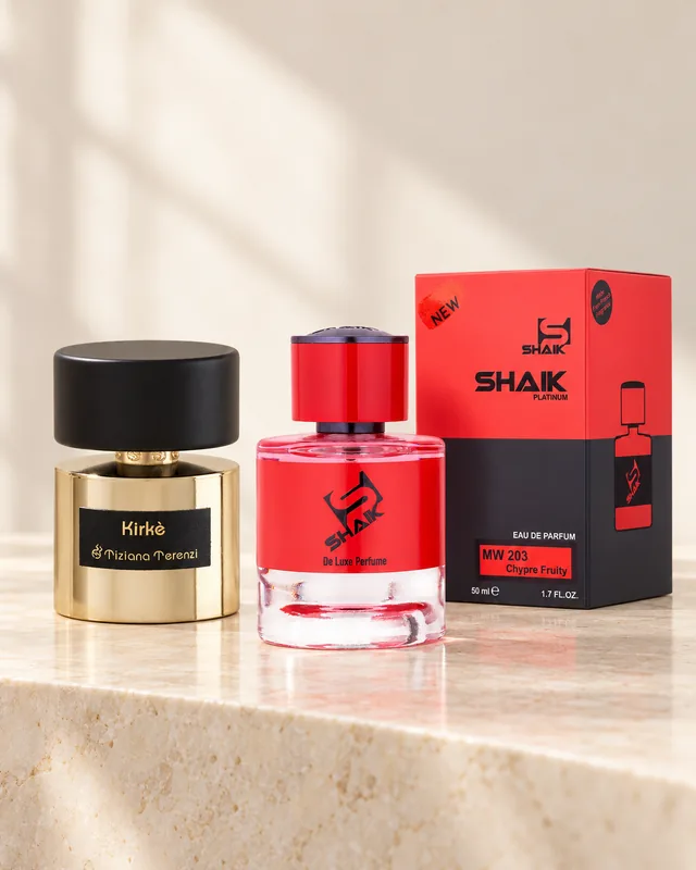 Shaik MW 203 bottle and box beside Tiziana Terenzi Kirke, the fragrance that inspired it