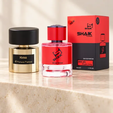 Shaik MW 203 bottle and box beside Tiziana Terenzi Kirke, the fragrance that inspired it