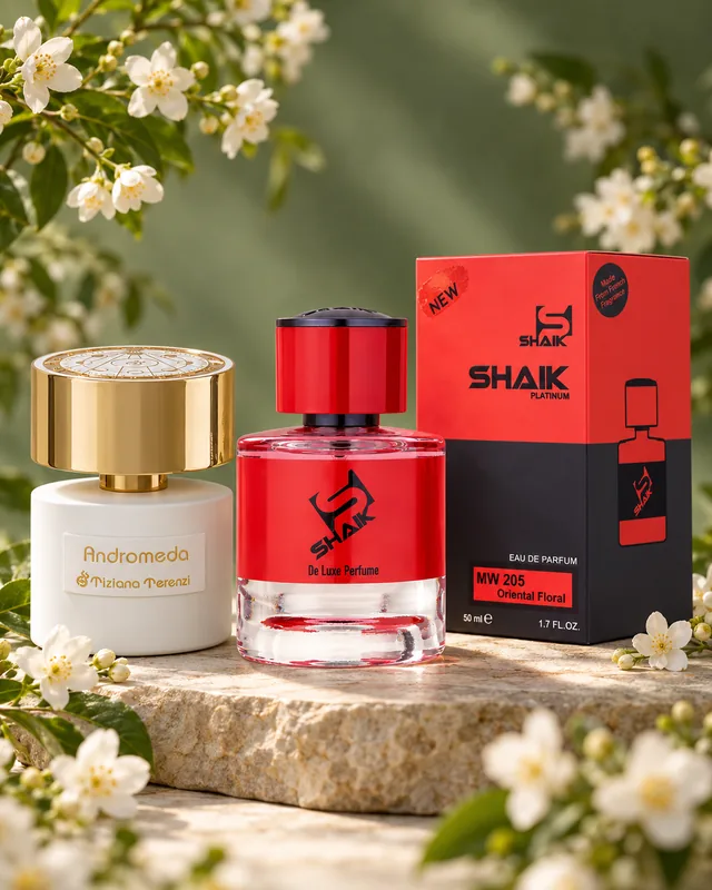 Shaik MW 205 bottle and box beside Tiziana Terenzi Andromeda, the fragrance that inspired it