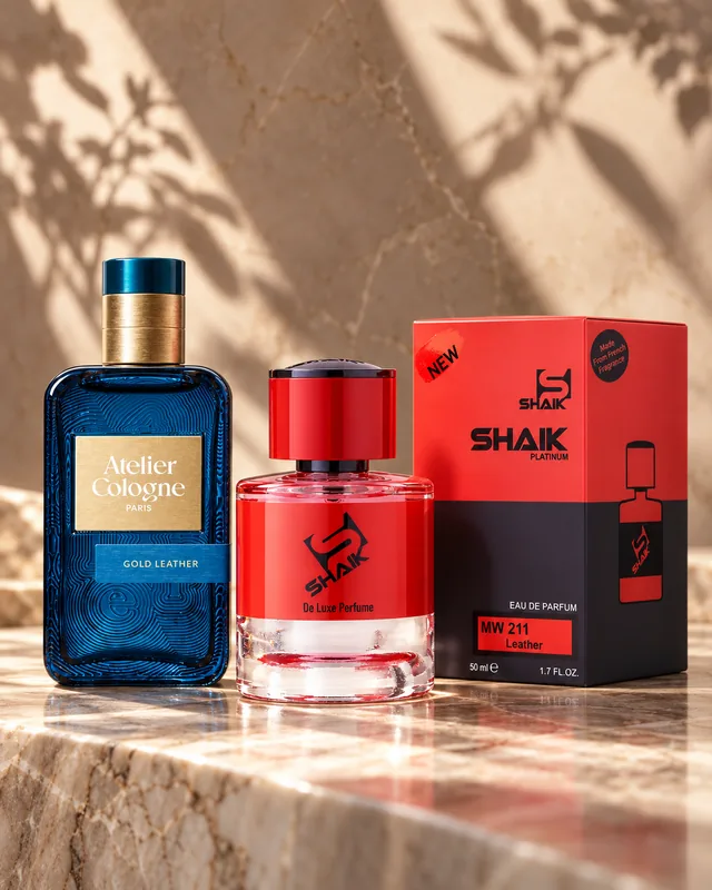 Shaik MW 211 bottle and box beside Atelier Cologne Gold Leather, the fragrance that inspired it